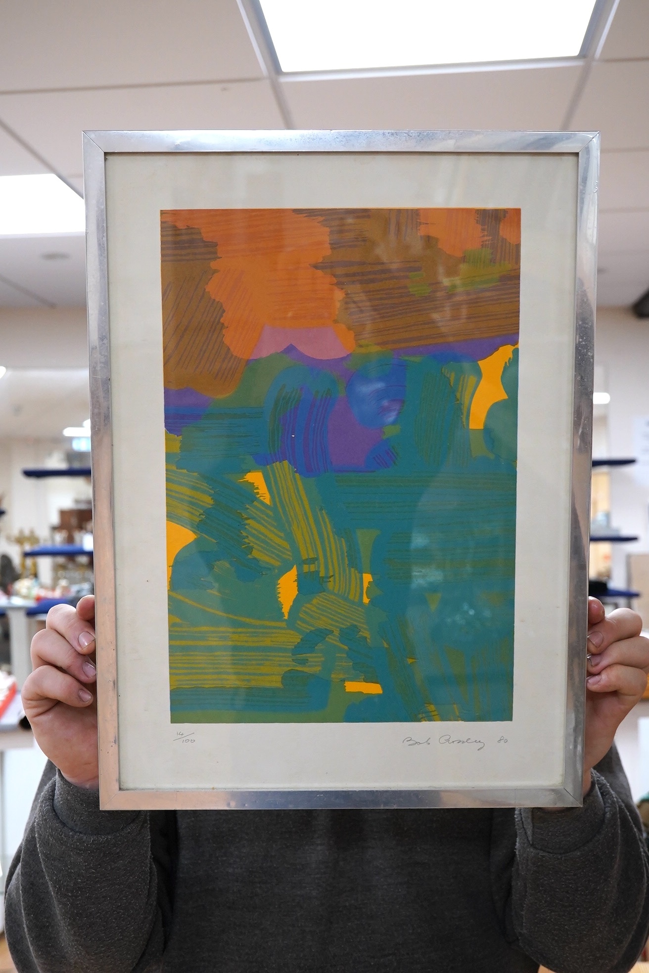 Bob Crossley (1912-2010), colour screen print, Abstract composition, signed and dated '80 in pencil, limited edition 14/100, 46 x 33cm. Condition - fair to good